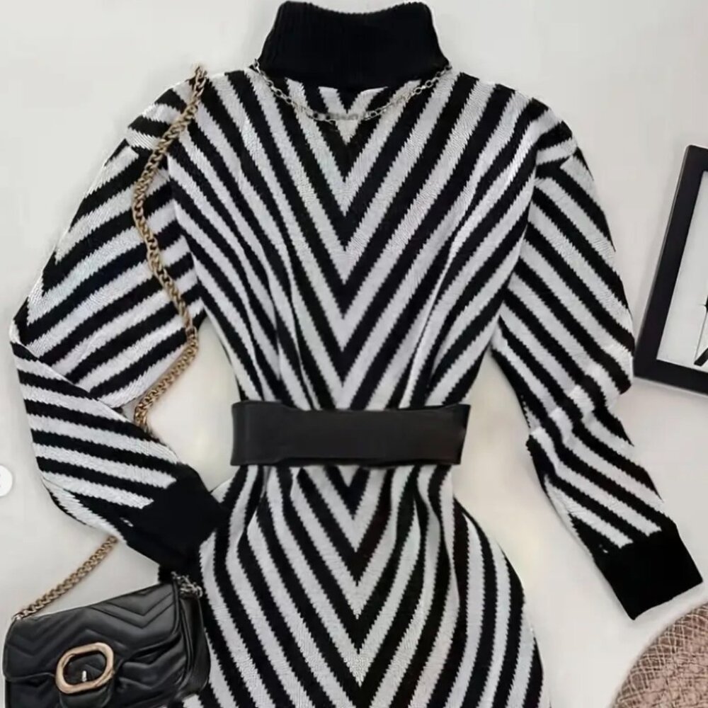 Women'S Elegant & Diagonal Stripe Turtleneck Sweater - Soft Long Sleeve Winter - Picture 2 of 3